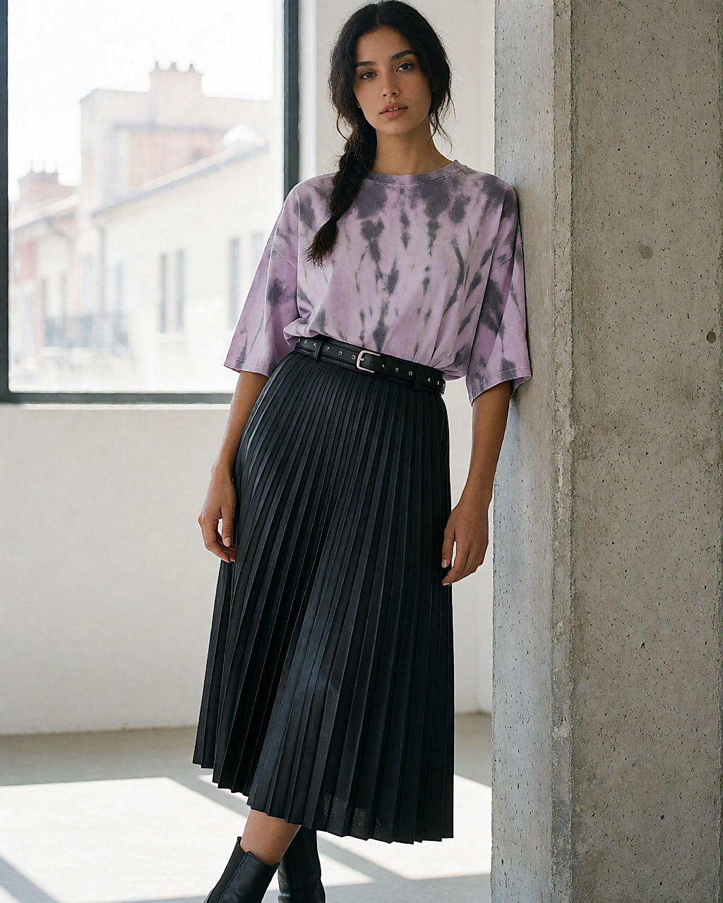 Jeune femme en jupe midi plissée en simili cuir et tee-shirt tie-dye ceinturé