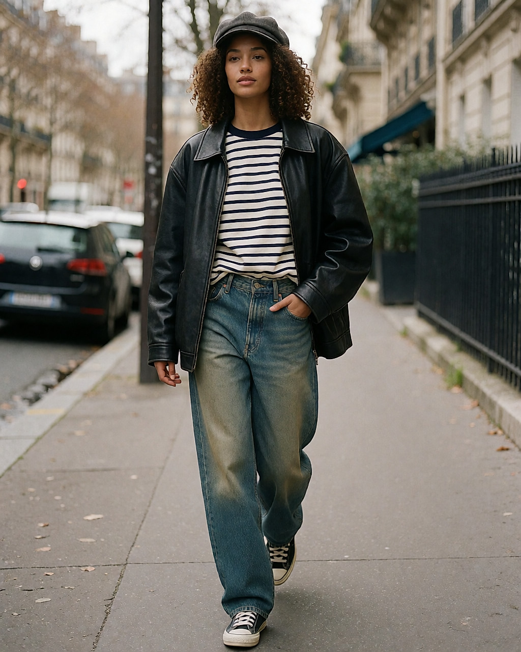 Jeune femme en jean loose délavé, marinière, blouson en cuir et casquette, dans la rue