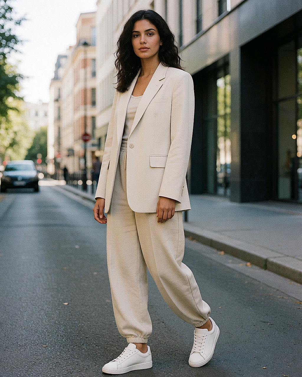 Jeune femme en blazer structuré sur pantalon large de jogging et sneakers, en ville