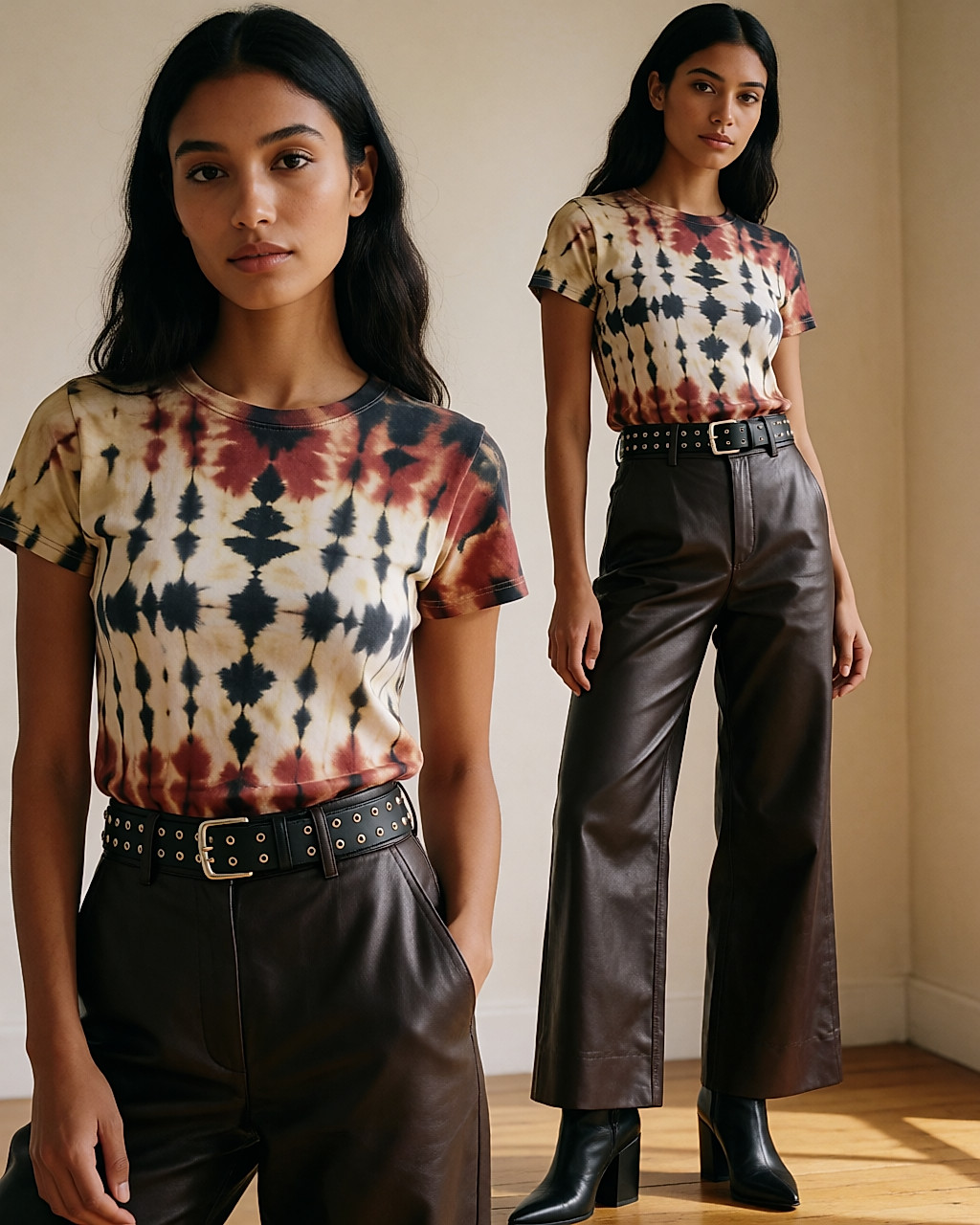 Jeune femme en pantalon large de cuir et tee-shirt tie-dye ceinturé, allure girly-rock