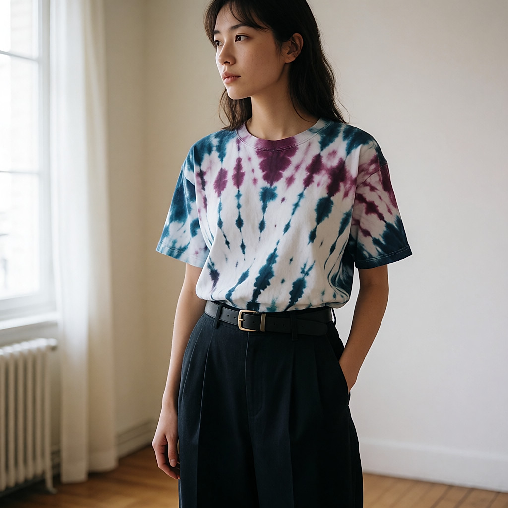 Junge Frau in weiter Lederhose und gegürtetem Tie-Dye-Shirt, Girly-Rock-Look