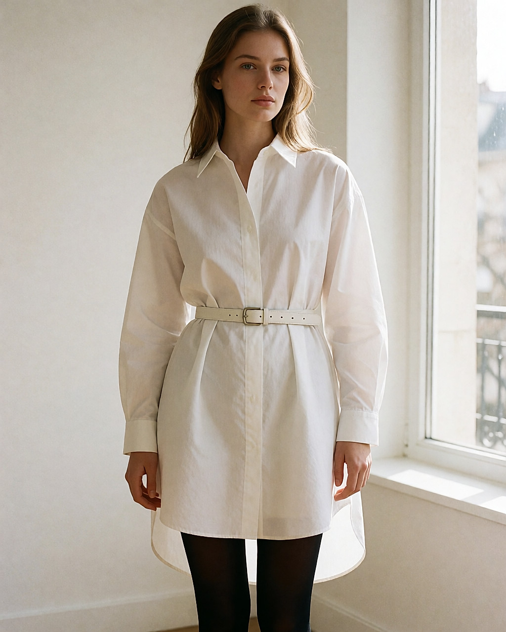Jeune femme en robe-chemise blanche ceinturée, collants opaques et talons, près d'une fenêtre