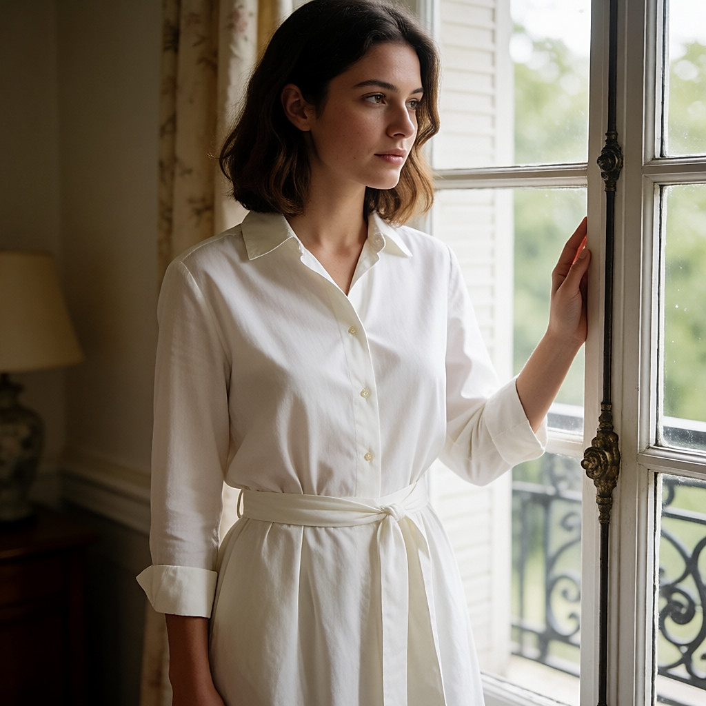 Jovem mulher com vestido camiseiro branco com cinto, collants opacos e saltos, junto a uma janela