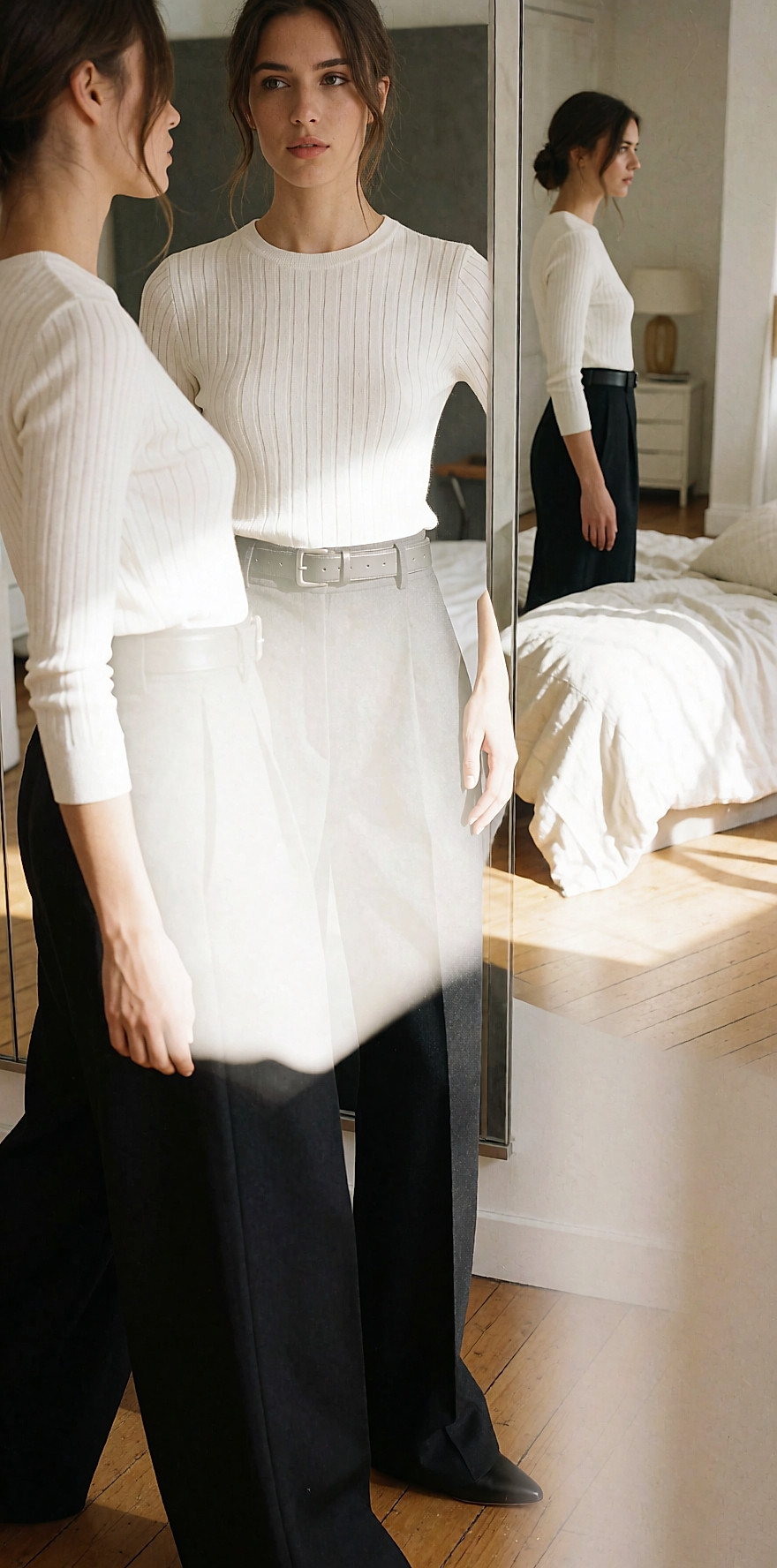 Jeune femme devant un miroir en haut ajusté et pantalon large, silhouette fine en haut