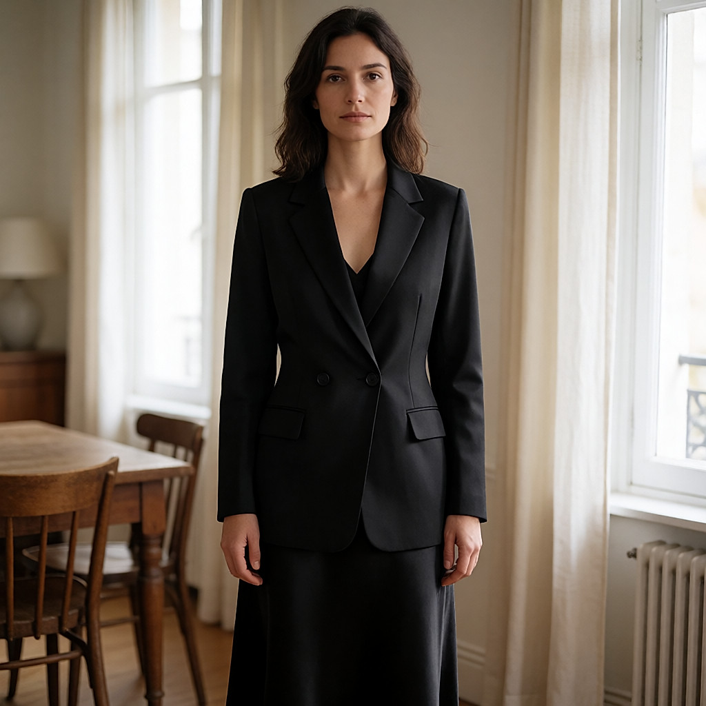 Jovem mulher com vestido de cetim preto com cinto e blazer estruturado, antes de sair