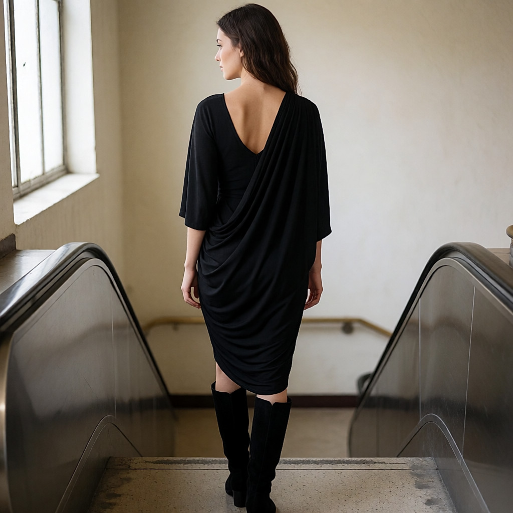 Jovem mulher de costas com vestido preto drapeado e botas altas numa escada