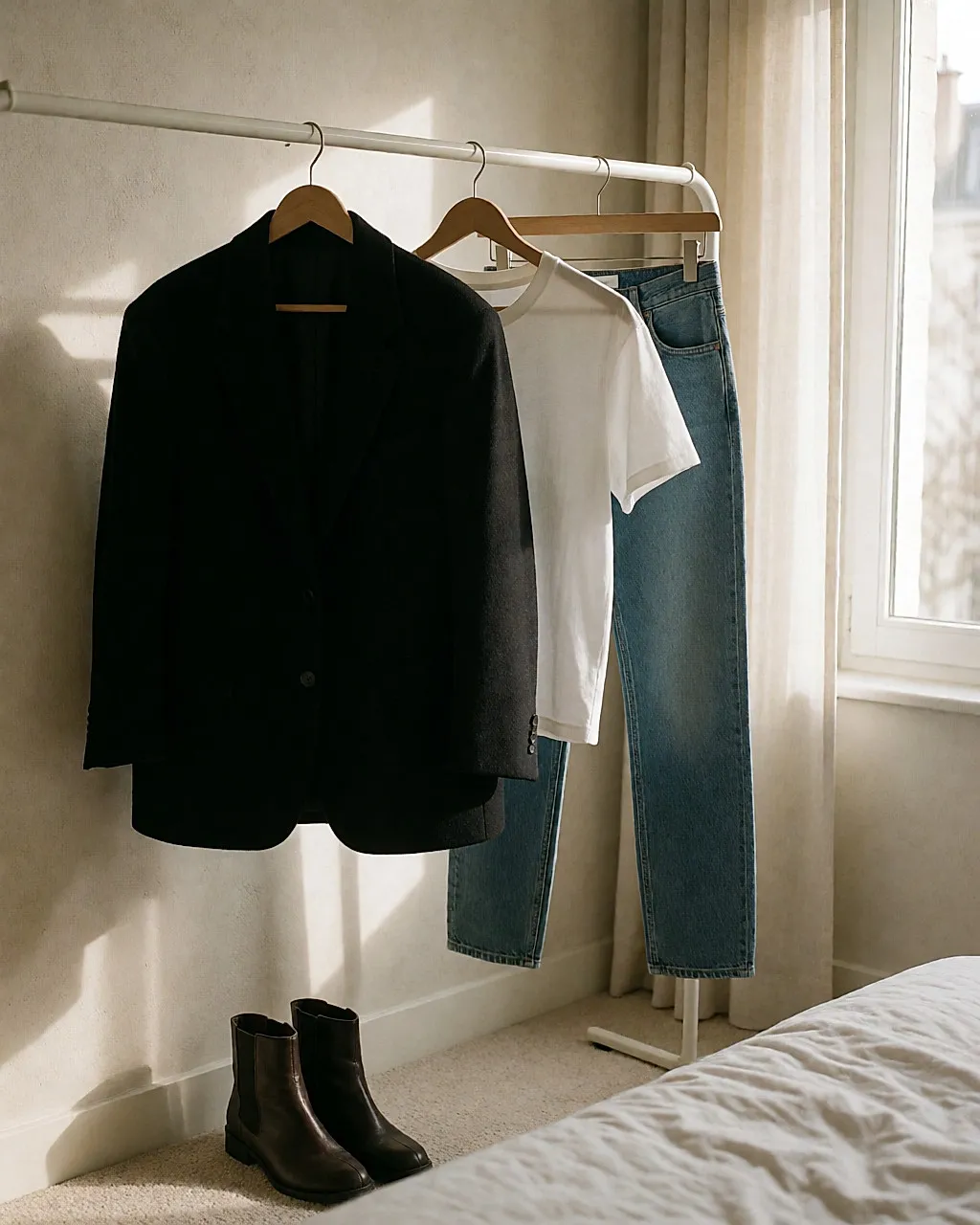 Blazer noir oversize, tee-shirt blanc et jean brut sur cintres en bois