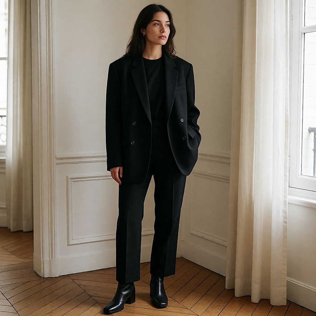 Jeune femme en total look noir structuré, blazer oversize en laine et bottines à talon carré