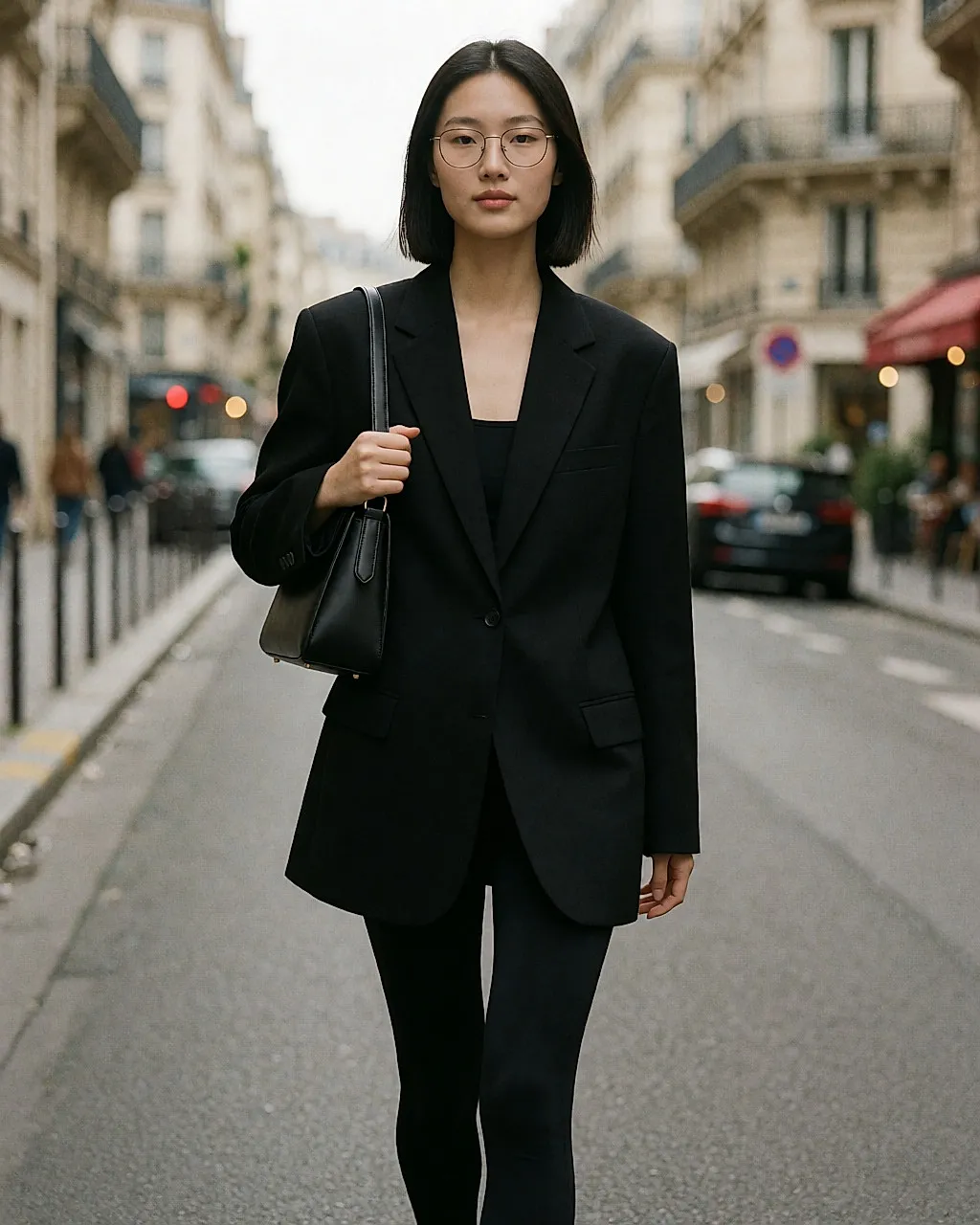Jeune femme en blazer noir oversize sur legging, lunettes fines et un seul sac, en pied