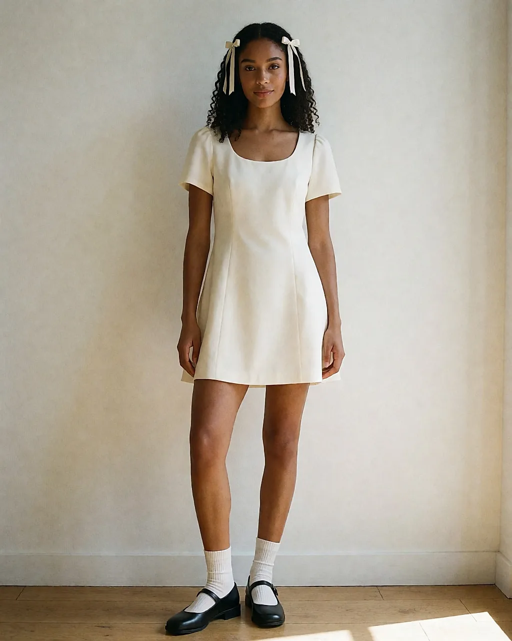 Jeune femme en mini-robe, socquettes blanches, Mary Jane et rubans dans les cheveux