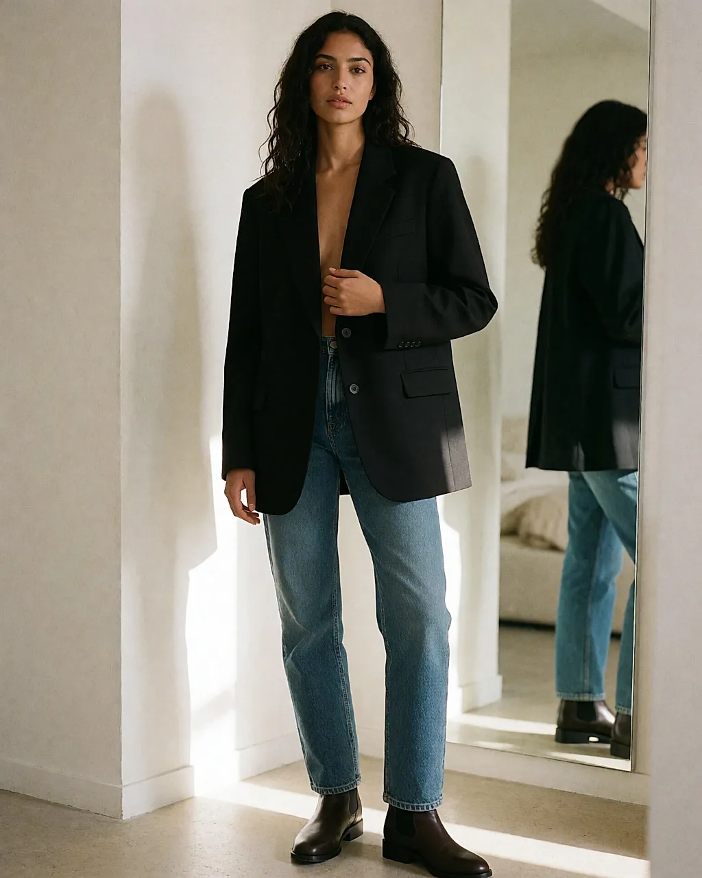 Jeune femme en blazer noir oversize, jean droit brut et bottines souples dans un dressing