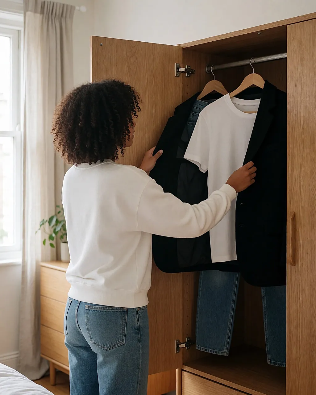 Jeune femme de dos devant une armoire ouverte, un blazer noir à la main, tee-shirt blanc et jean brut suspendus