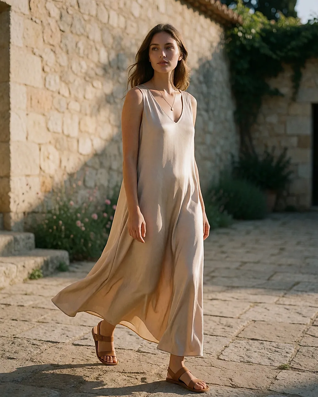 Jeune femme en robe longue fluide beige et fin collier doré, marchant dans une cour de pierre au soleil couchant