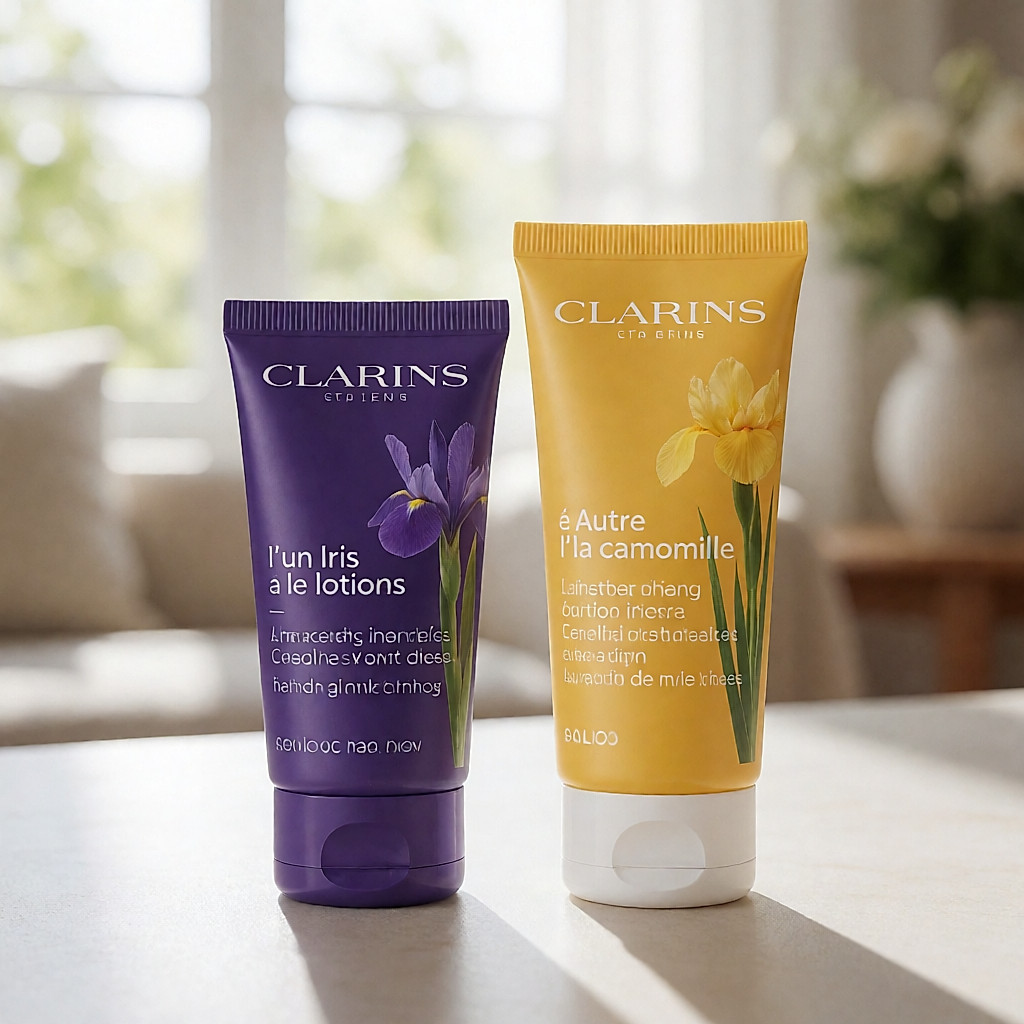 Deux cotons imbibés de lotions Clarins, l'un à l'iris, l'autre à la camomille