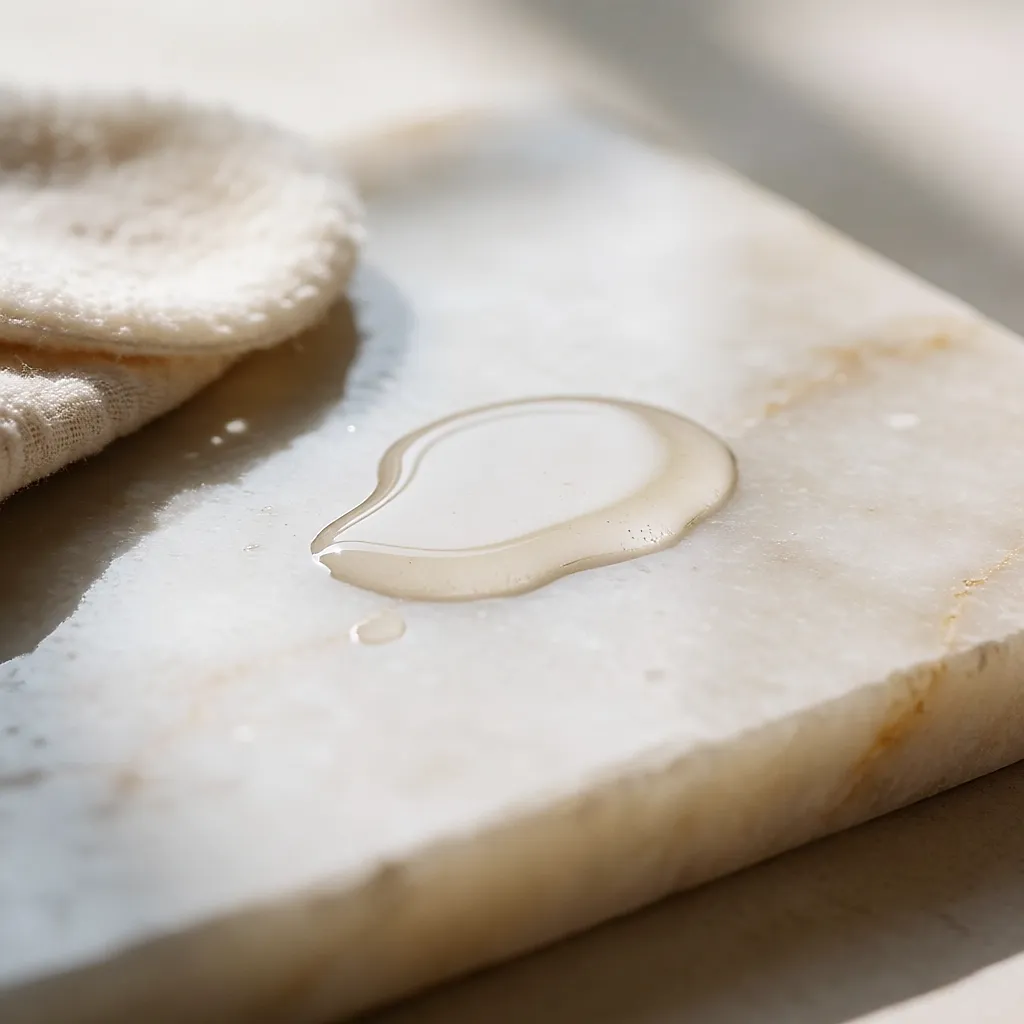 Une goutte de lotion s'étale sur une pierre claire, près d'un coton plié