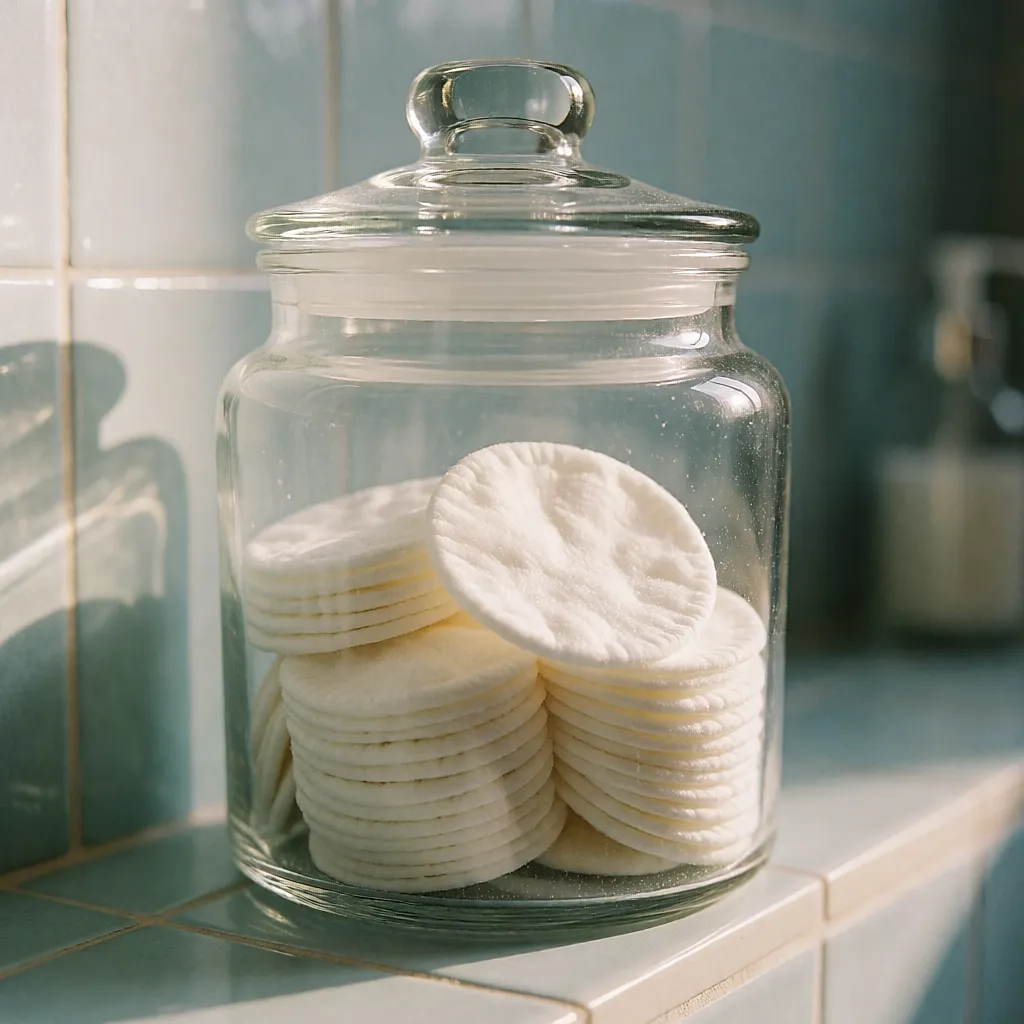 Un bocal de verre rempli de cotons sur une étagère de salle de bain