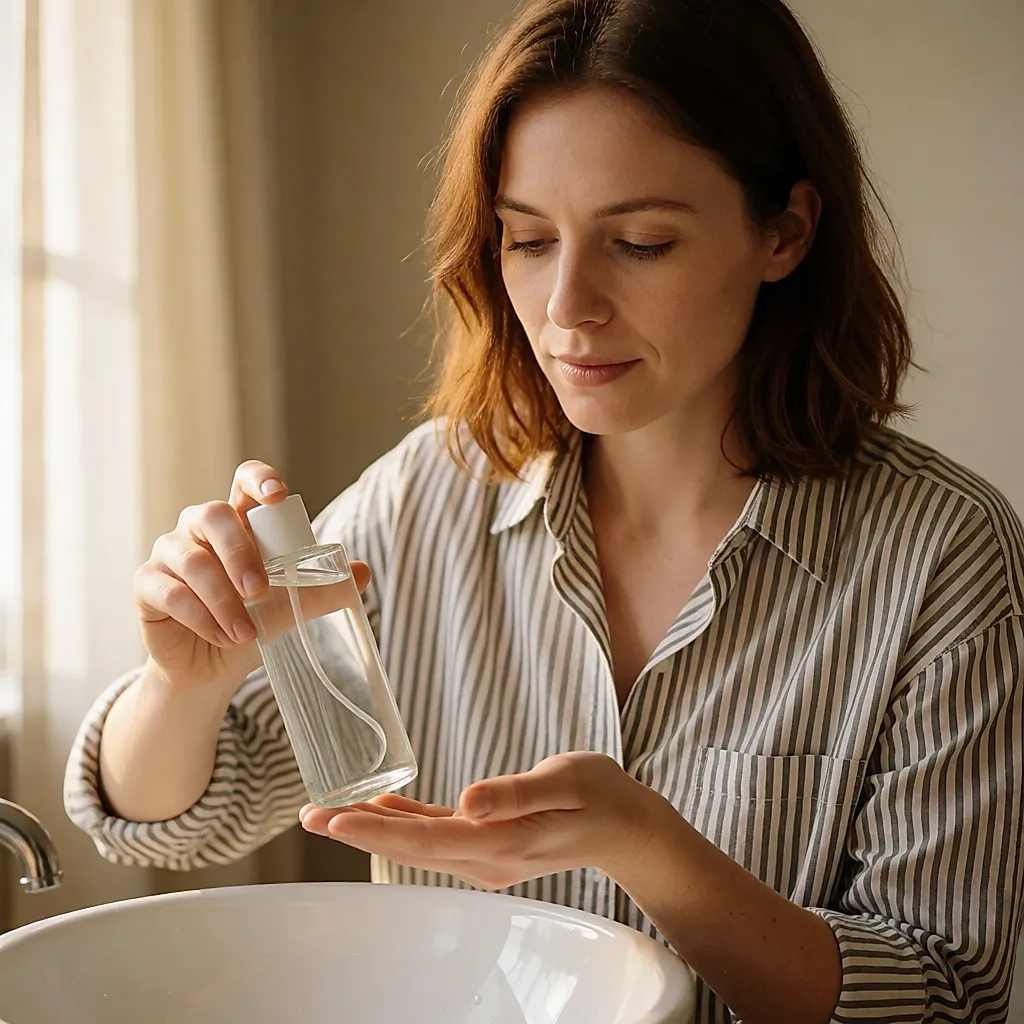 Une femme imbibe un coton de lotion au-dessus d'un lavabo blanc