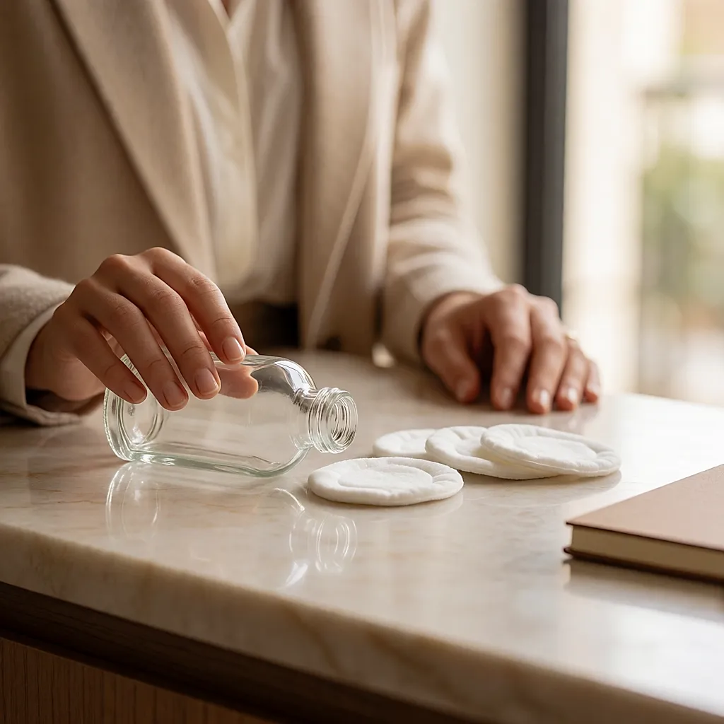 Les dernières gouttes d'une lotion tombent sur un coton, flacon presque vide