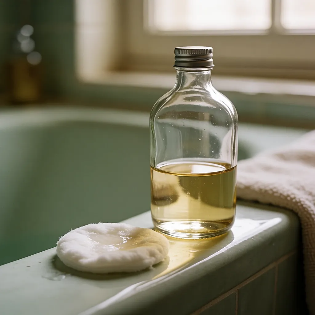 Flacon de tonique à moitié vide et coton humide sur un rebord de salle de bain