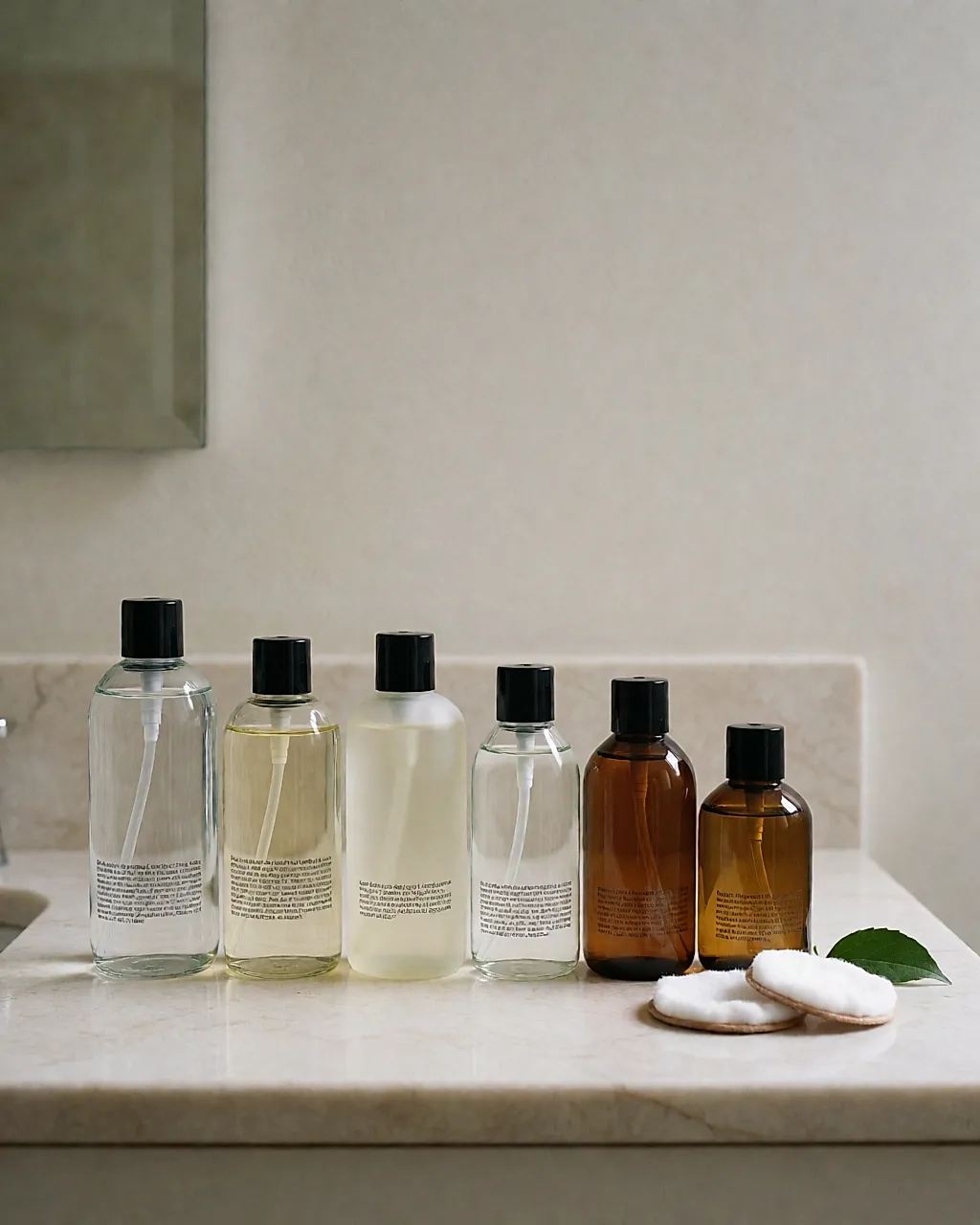 Rangée de flacons de lotions et de toniques alignés sur un rebord de marbre