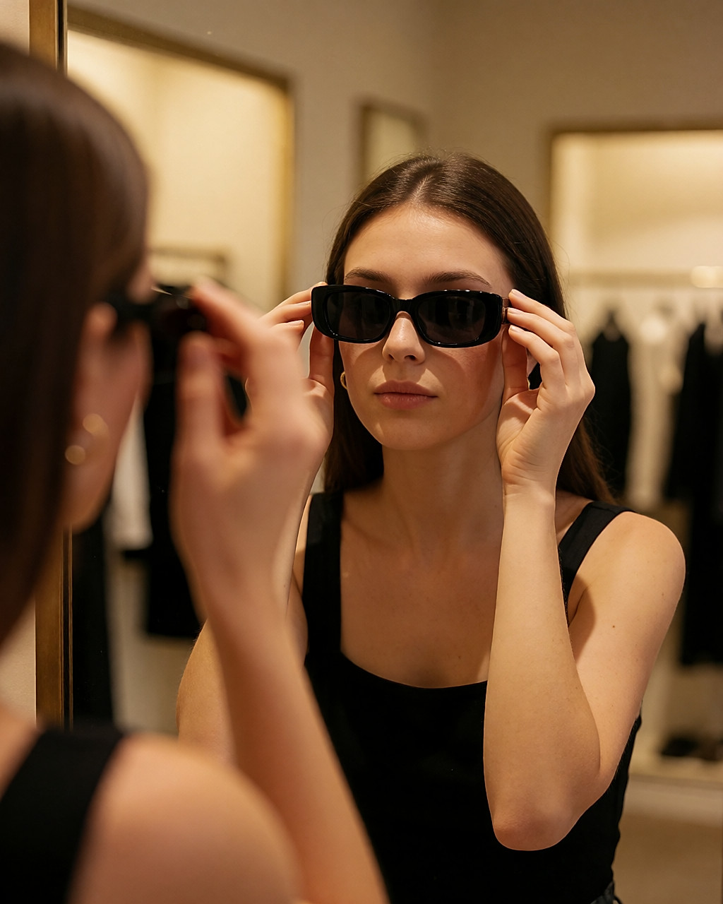 Jeune femme essayant des lunettes de soleil rectangulaires noires devant le miroir d'une boutique