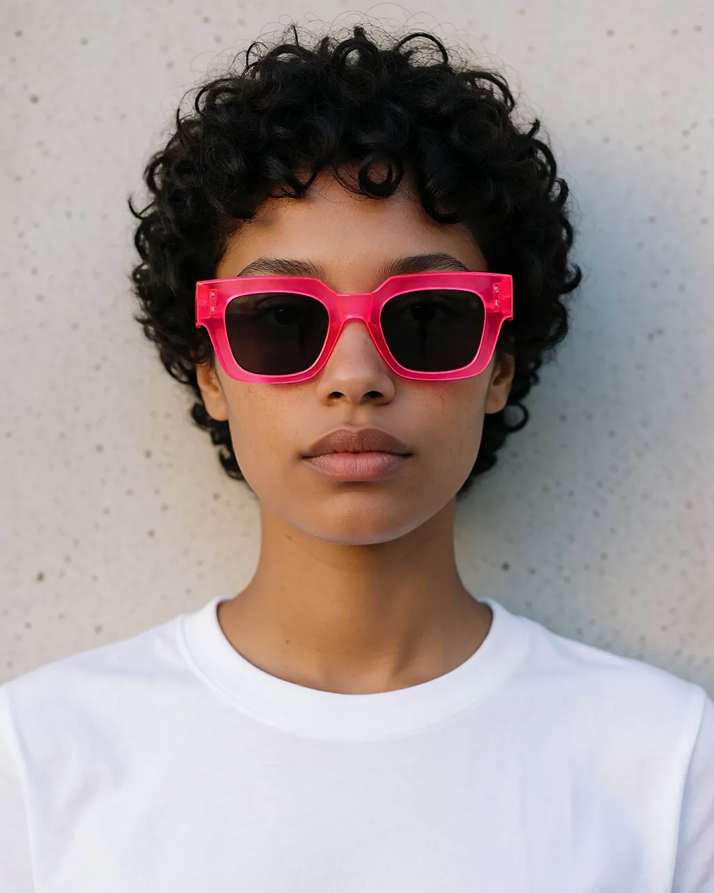 Junge Frau mit dunkler Hautfarbe und kurzen Locken trägt eine neonpinke Sonnenbrille aus dickem Acetat