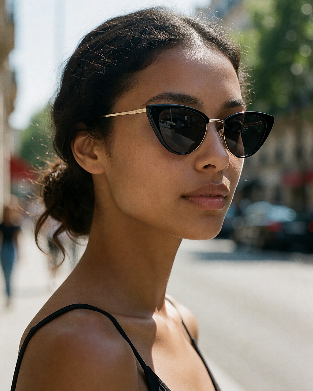 Jeune femme métissée portant des lunettes cat-eye noires à fines branches dorées en plein soleil