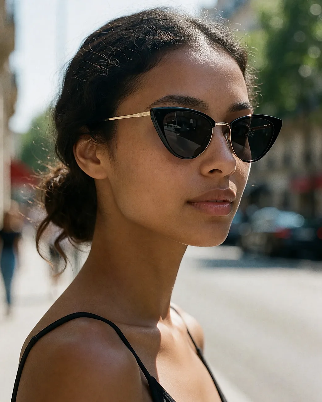Junge Frau mit dunkler Hautfarbe trägt eine schwarze Cat-Eye-Sonnenbrille mit feinen goldenen Bügeln in der prallen Sonne