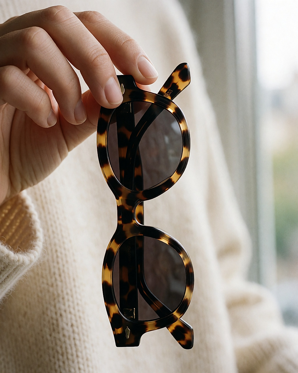 Main tenant des lunettes en acétate écaille à petit motif léopard devant une maille crème