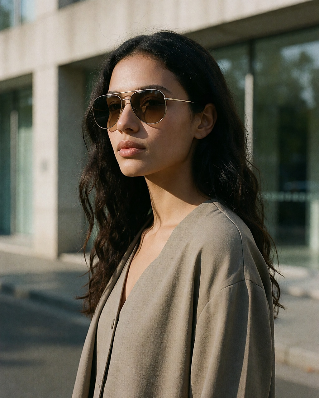 Jeune femme en tenue monochrome portant des lunettes aviateur en métal à verres dégradés