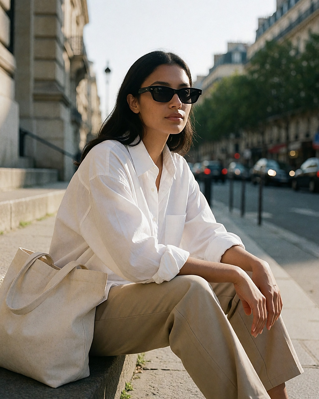 Jeune femme assise sur des marches urbaines, lunettes rectangulaires noires en acétate