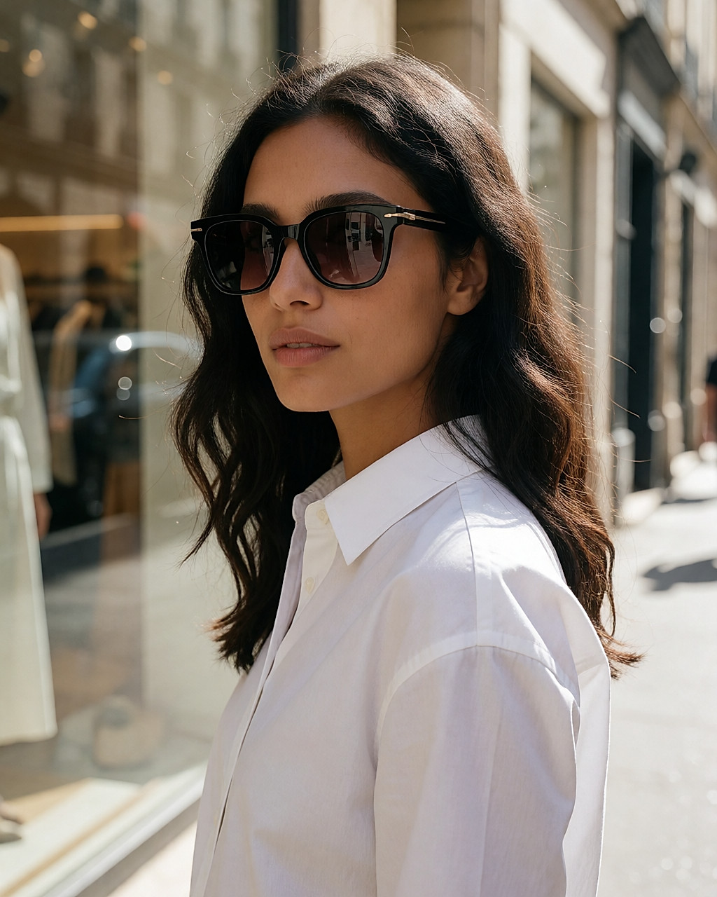 Jeune femme latina en chemise blanche portant des lunettes noires carrées en acétate, dans la rue