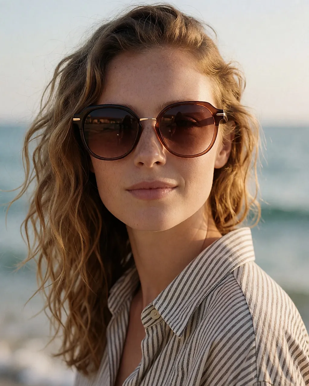 Junge Frau im gestreiften Hemd trägt eine übergroße braune Sonnenbrille mit Verlaufsgläsern am Meer