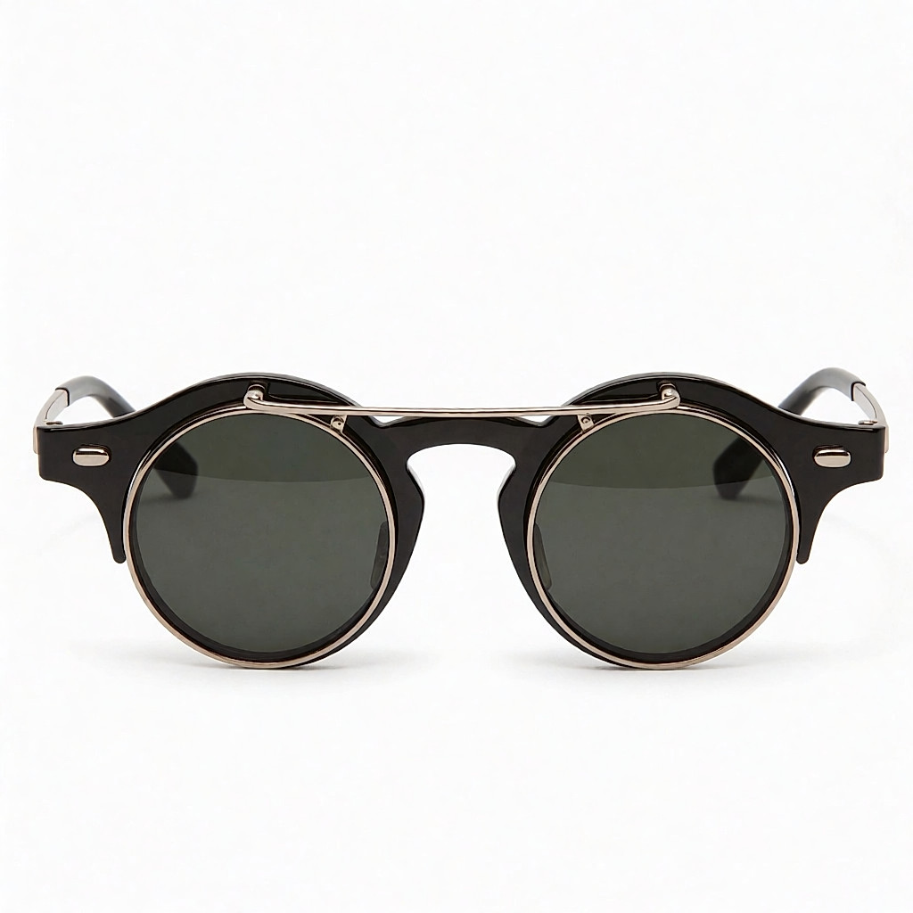 Lunettes rondes rétro, monture métallique et verres minéraux.