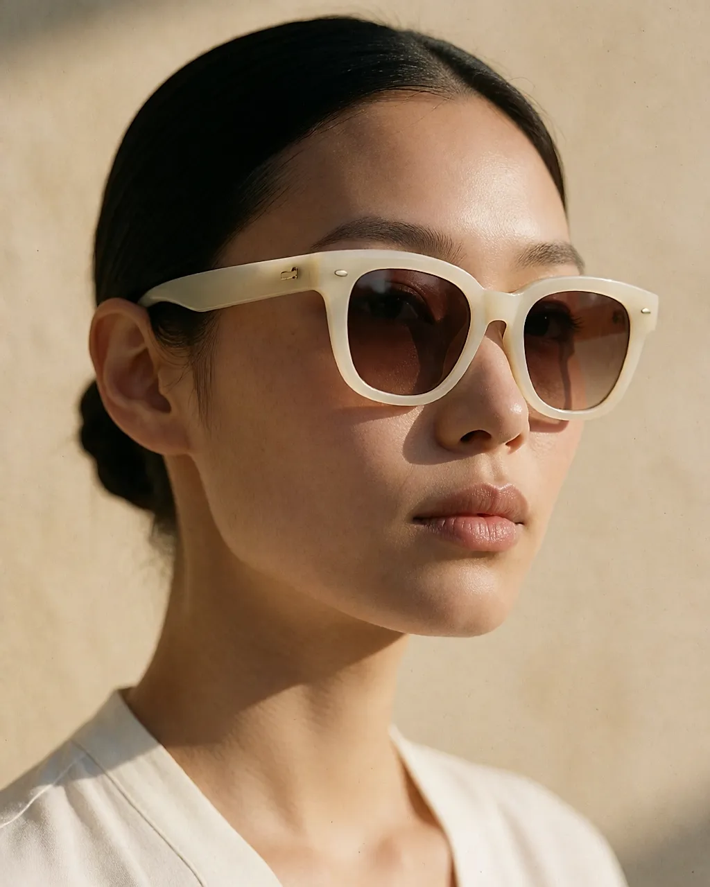 A woman with a matte complexion wears ecru sunglasses with gradient lenses