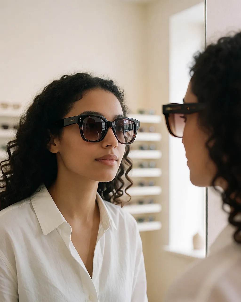 A woman tries on a large dark frame that stops before her cheekbones