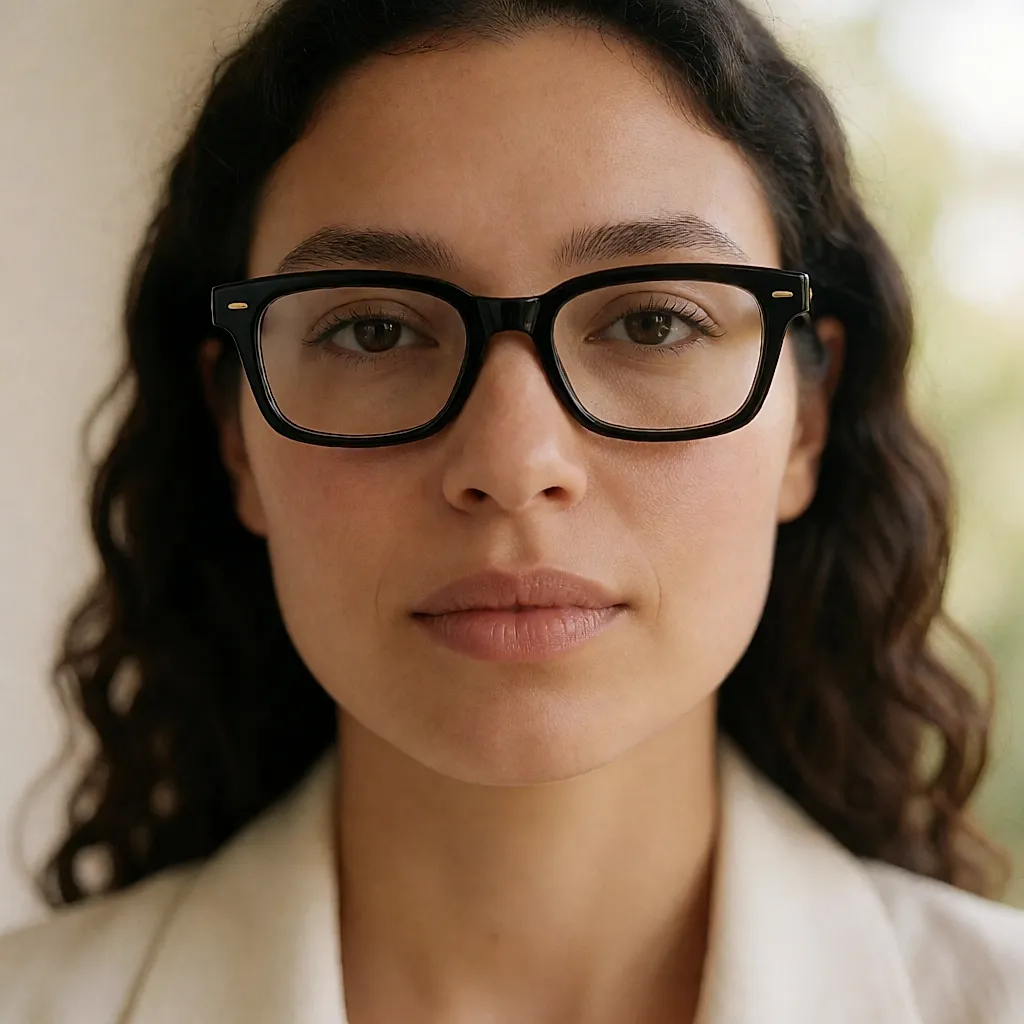 Retrato de frente de uma mulher de rosto redondo com uma armação retangular preta