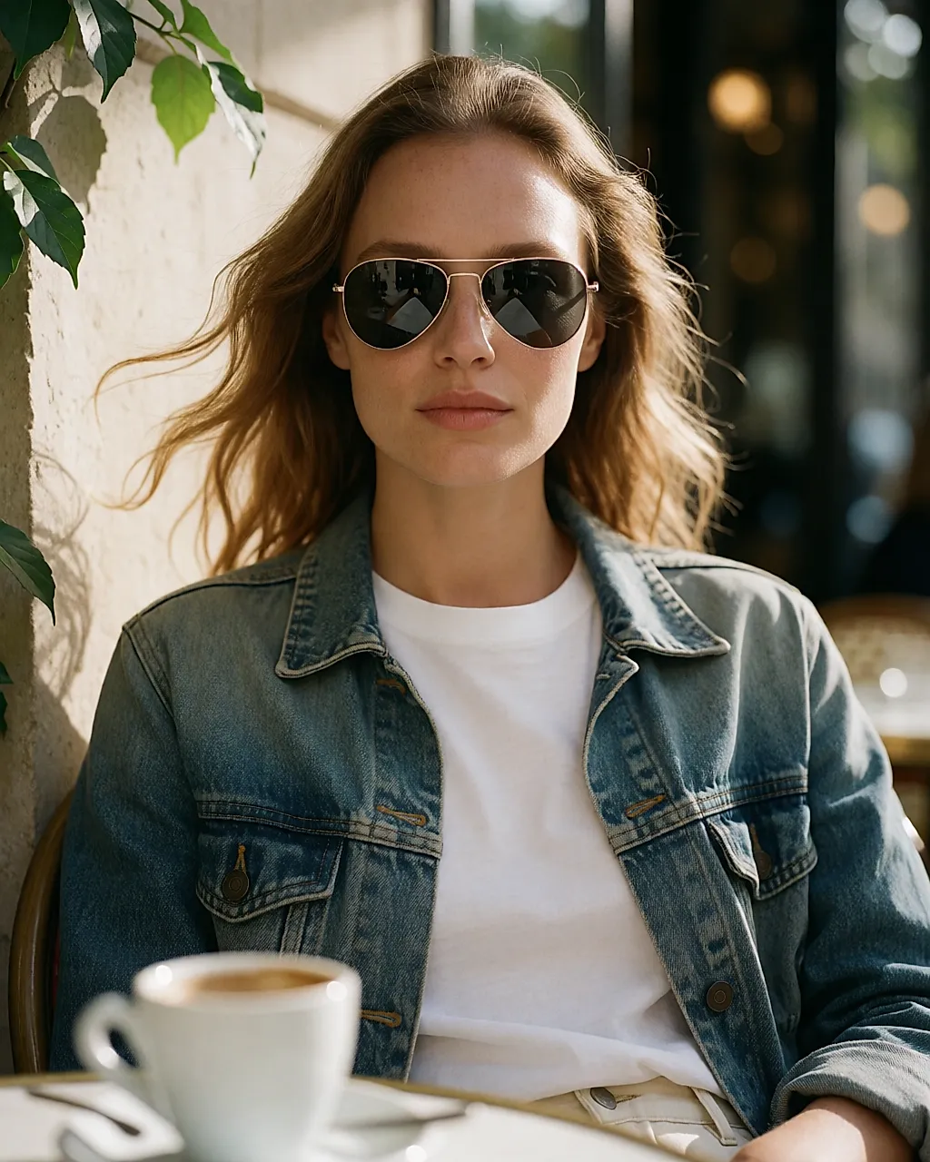 A woman with a heart-shaped face wears aviator sunglasses with a slim double bridge, on a terrace