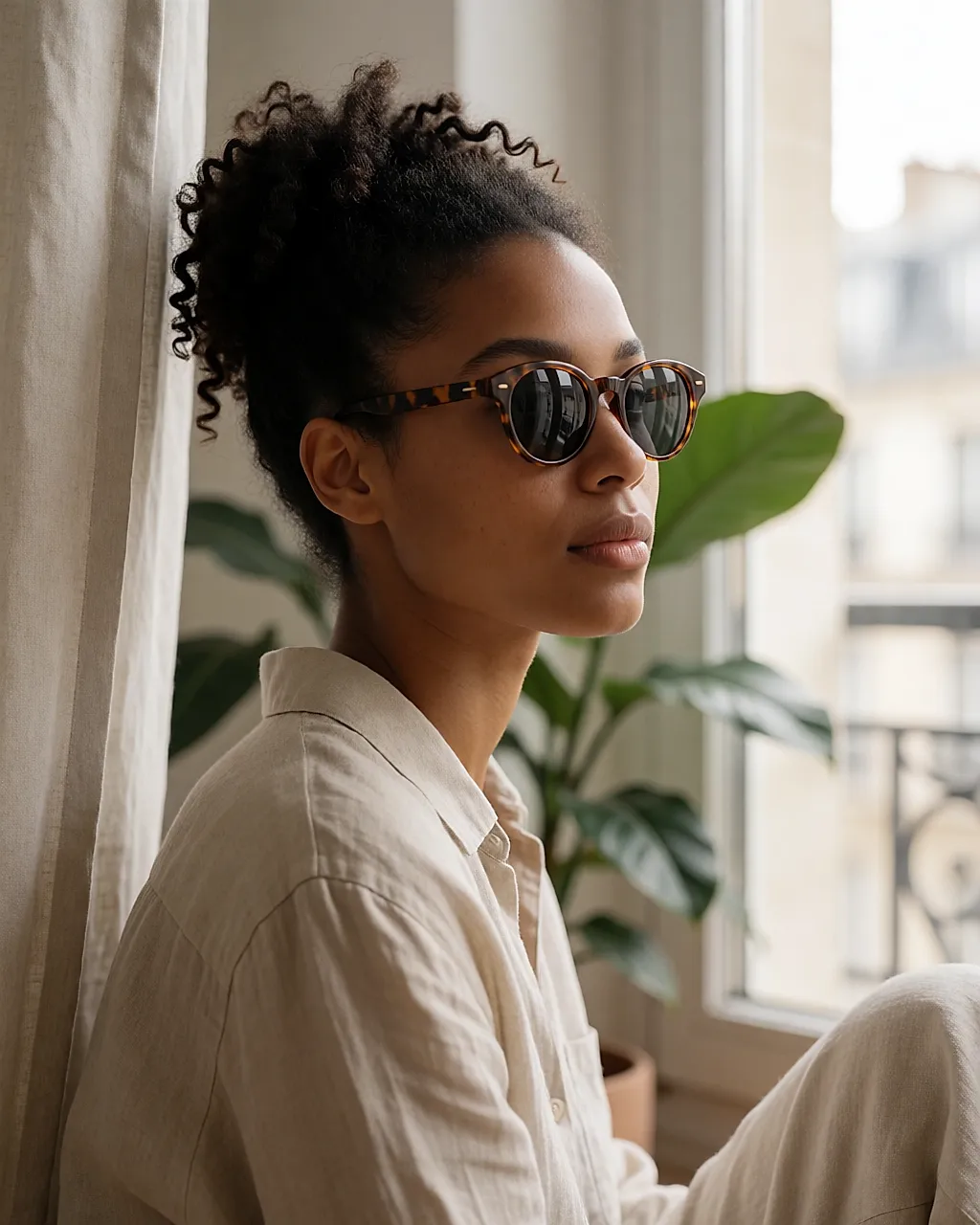 Profile of a woman with a long face wearing tortoiseshell oval sunglasses