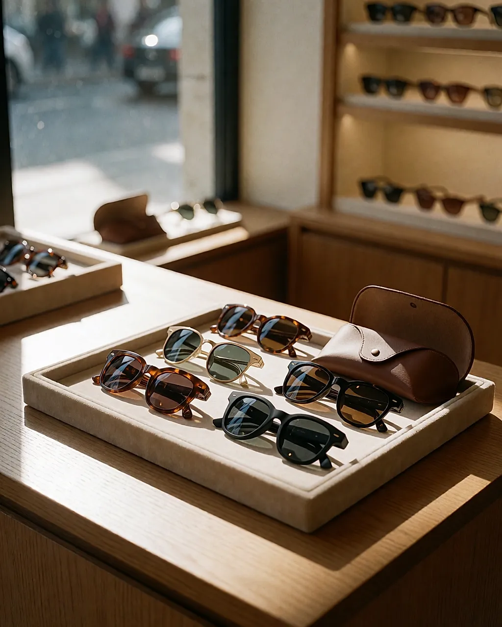 A tray of sunglasses on an optician's counter