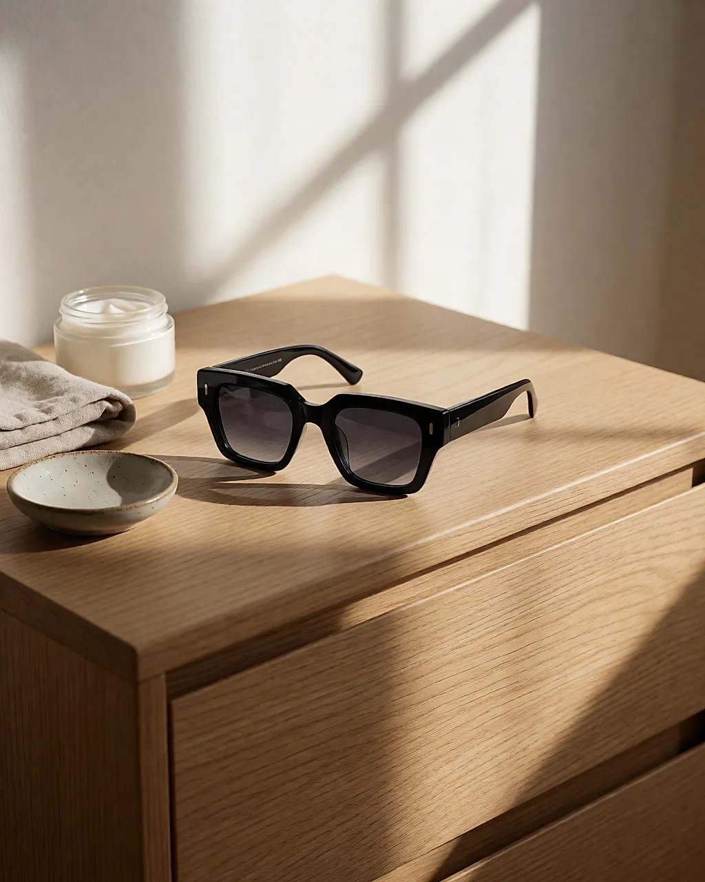 Schwarze Sonnenbrille aus Acetat auf einer Eichenkommode im Morgenlicht