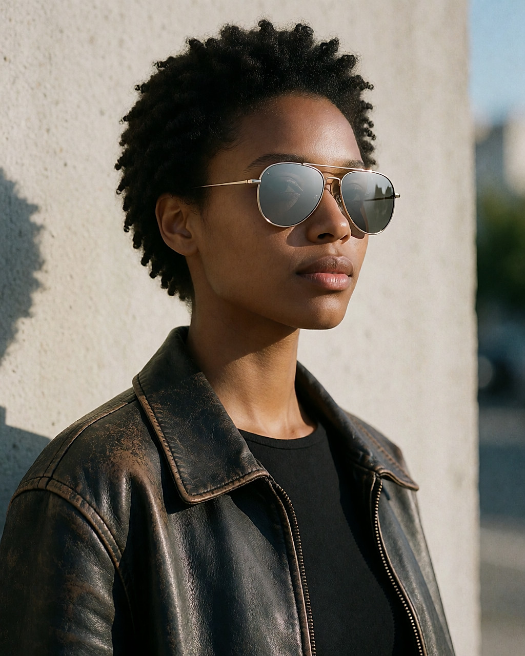 Jeune femme de profil portant des lunettes pilote à verres miroir et fine monture dorée