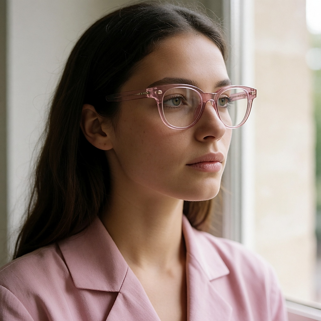 Profile of a young woman wearing translucent pink acetate butterfly glasses