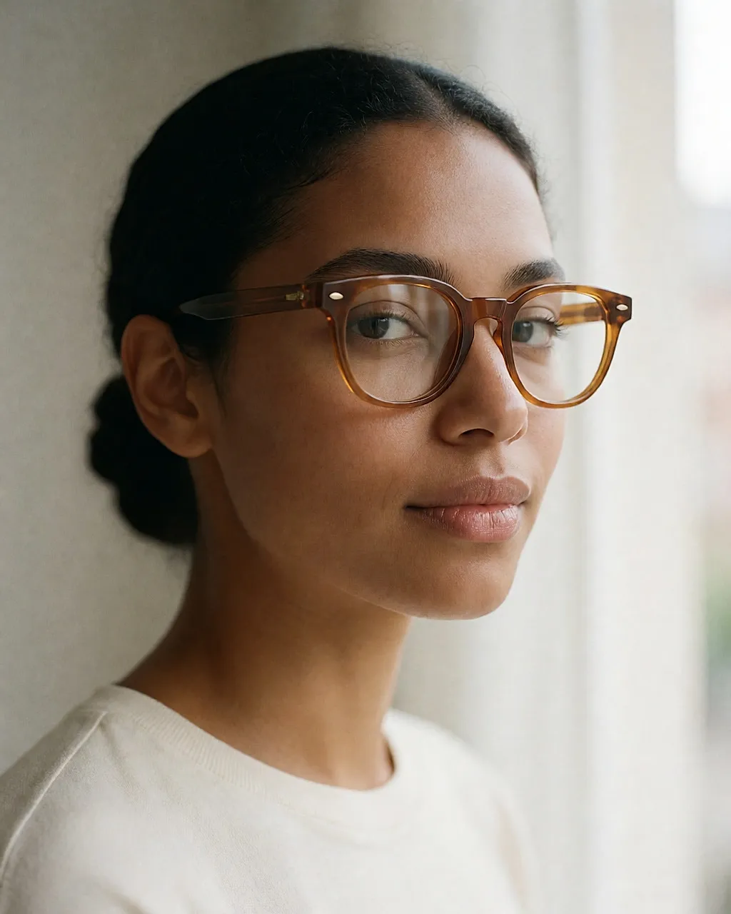 Three-quarter portrait of a woman wearing a chunky translucent amber acetate frame