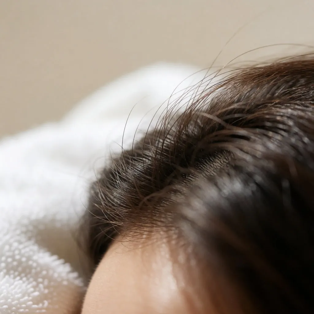 Gros plan sur des racines de cheveux bruns légèrement luisantes sous une lumière naturelle douce
