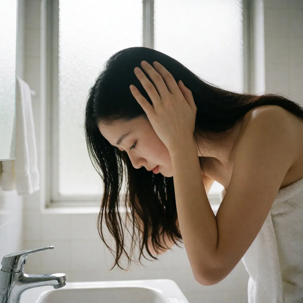 Jeune femme asiatique massant son cuir chevelu du bout des doigts au-dessus d’un lavabo