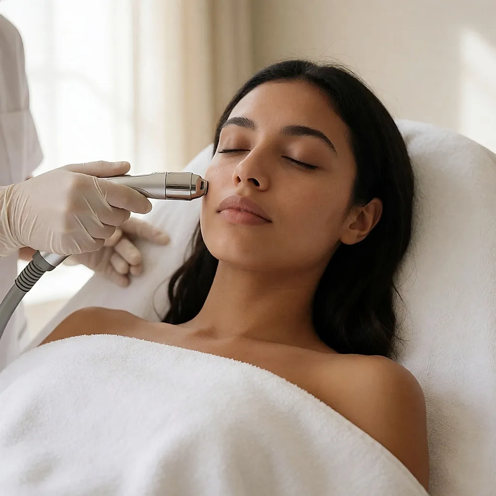 Dermatologische Laserbehandlung an der Wange einer entspannten Patientin