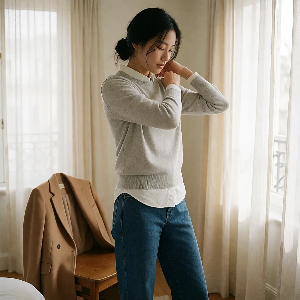 年轻女性举起双臂，查看一件薄美利奴毛衣肩部的垂坠感