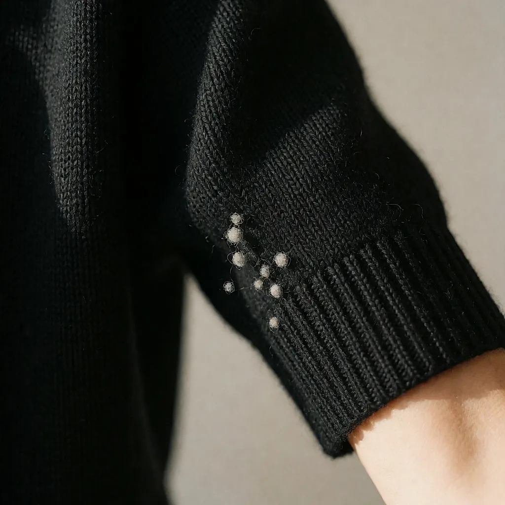 Détail d'une maille de laine noire couverte de petites bouloches grises le long d'une couture