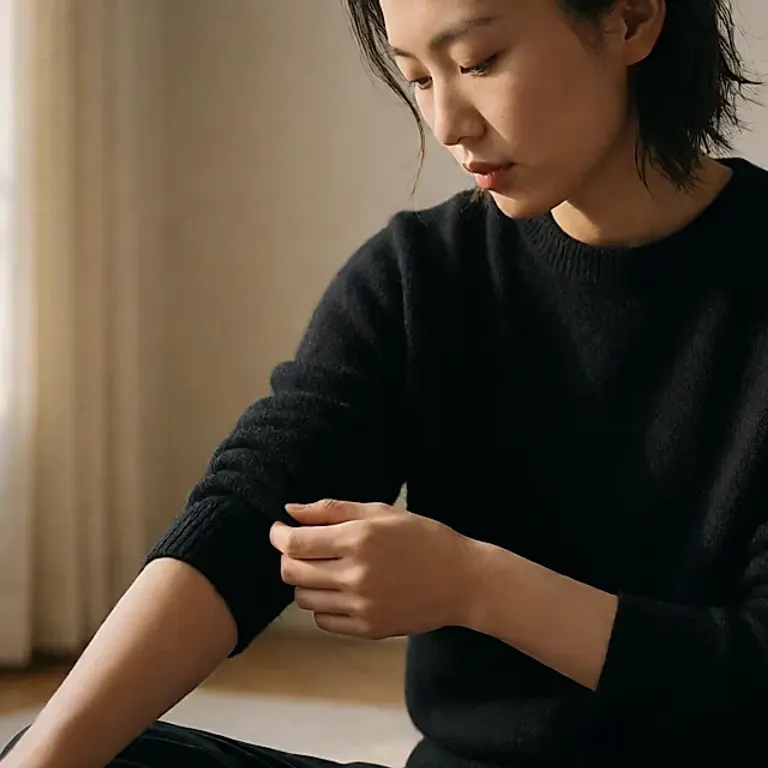 Black jumper with small grey bobbles under the sleeve, showing how knitwear wears and how it can be saved